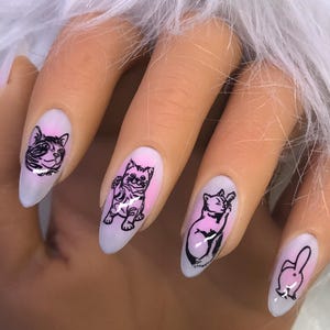 Cat press on nails, Cute nails, Almond nails, Short nails, N355