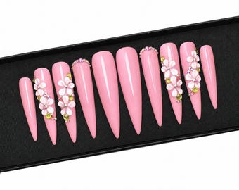 Long Pink Stiletto Nails, 3D Flower Press On Nails, Floral Fake Nails, Long Pointed Nails, Statement Nail Set