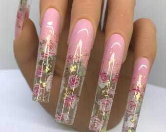 Floral Press On Nails, Rose Flower  Nails, Pink Blossom Summer Fake Nails