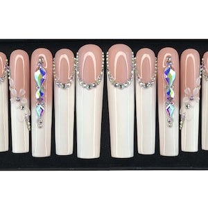Long press on nails diamond, Extendo nails, Bling nails, White nails