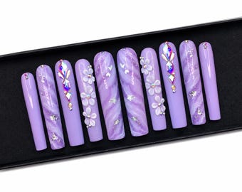 Purple Floral Press On Nails | 3D Acrylic Flowers Marble Design | Rhinestone Luxury Stiletto Nails | Glam Handmade Set