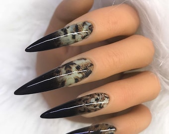 Black Ombre Leopard Press On Nails, Long Stiletto Nails, Black French Tip, Leopard Print Fake Nails, Gothic Glam Nail Set, Cheetah Nails
