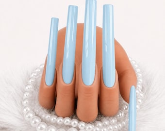 Baby Blue 5XL Press On Nails Set, Extra Long Square Nails, Glossy Blue Nails, Handmade False Nails, Reusable Nail Set