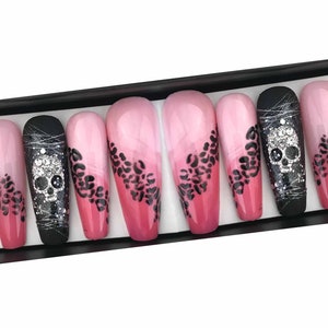Emo nails, Goth press on nails, Black and pink nails, Spooky nails