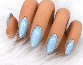 Baby Blue Almond Press On Nails | Silver Glitter Outline Nails| Glossy Minimal Elegant False Nails | Handmade Reusable Nail Set
