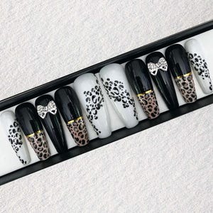Leopard Print Press On Nails with Bow, Black and White Long Coffin Nails