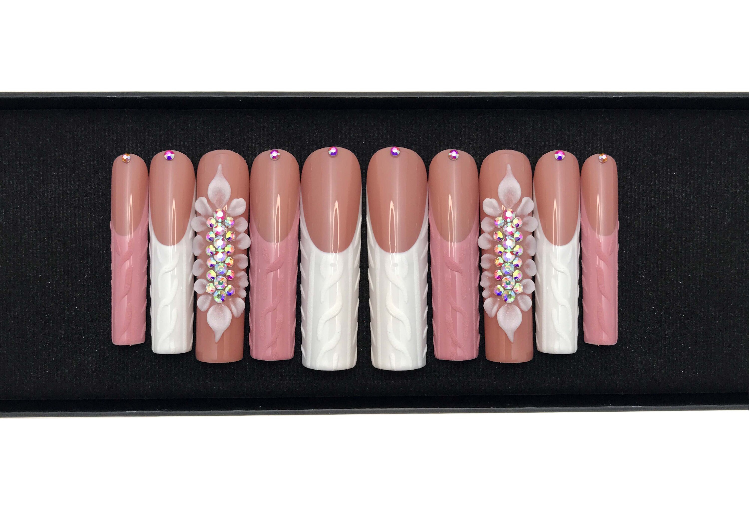 3d Flower Press on Nails Set French Nails Textured Nails Etsy