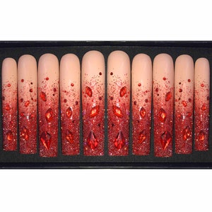 Red prom nails, Red rhinestone press on nails, Press ons