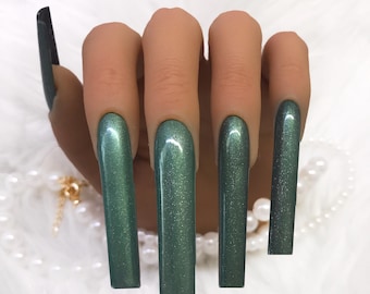 Green  Chrome Press On Nails, 3XL Extra Long Square, Cat Eye Nails, Metallic Green Reusable Set