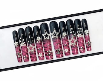 Y2K Nails, Gyaru Nails, Scene Nails, Long Nails, Kawaii Press On Nail, N311