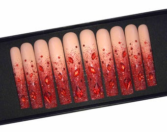 Red Ombre Rhinestone Press On Nails XXL Long Coffin Glitter Crystal Nails Luxury Handmade
