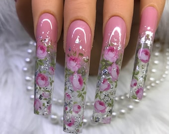 Press on nails xxxl, Rose nails, Floral nails, Flower nails