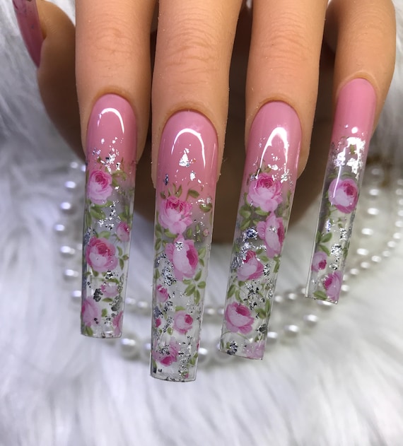 Press on nails xxxl, Rose nails, Floral nails, Flower nails