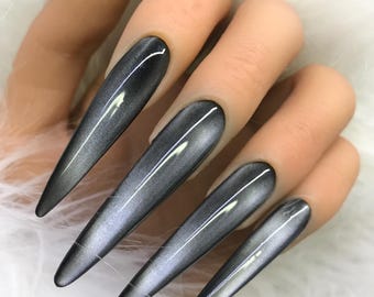 Solid Classic Black Press On Nails Long Stiletto, Cat Eye Nails, Goth Nails