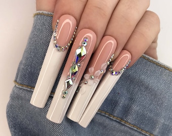 Extra Long Press on Nails, XL Handmade Luxury 3D Flower Pink Press On Nails, Rhinestone Wedding Nail Art, Custom Nails