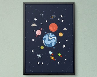 Space Wall Art for Nursery | Planet Kids Decor | Outer Space Printable | Playroom, Boys Bedroom Decor | Kids Print | Celestial Star Galaxy