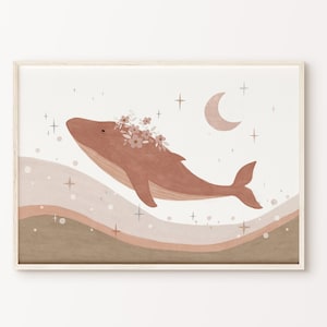 Boho Whale Print | Neutral Nursery Decor | Digital Print | Nursery Wall Art | Cozy Baby Bedroom | Kids Playroom Poster | Gouache Painting