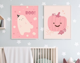 Pink Halloween Prints Set: Kawaii Ghost & Pumpkin Art Hand Drawn Prints (Digital Download)