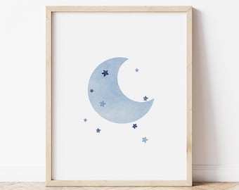 Watercolor Moon and Stars Print: Blue Nursery Decor (Digital Download)