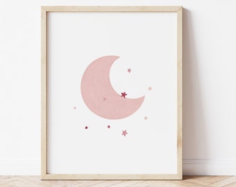 Pink Moon Print | Girls Room Decor | Nursery Printable Wall Art | Celestial Art Poster | Baby Bedroom | Moon and Star Painting for Toddler
