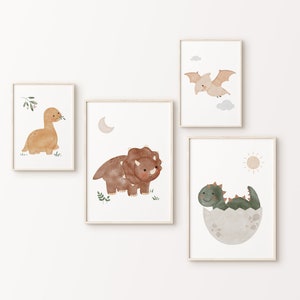 Boho Dinosaur Print Set of 4 | Neutral Nursery Decor | Printable Wall Art Kids | Cute Dino Poster | Watercolor Artwork | Digital Download