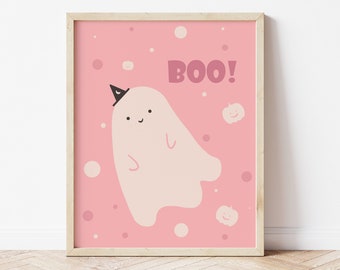 Pink Halloween Ghost Print, Spooky Kawaii Art Hand Drawn Print (Digital Download)