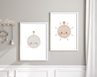 Sun and Moon Boho Nursery Print Set of 2 | Neutral Printable Wall Art | Smile Sun Poster | Sleepy Moon Picture |Muted Artwork for Baby, Kids