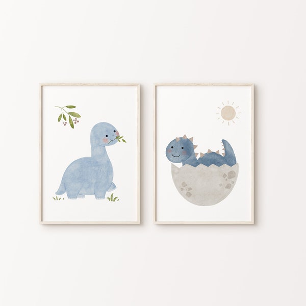 Blue Dinosaur Prints Set of 2 | Printable Wall Art | Nursery Room Decor | Kids Playroom Poster | Watercolor Artwork | Digital Download