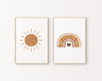 Boho Sun and Rainbow Print Set: Neutral Nursery Decor (Digital Download)