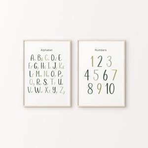 Sage Green Alphabet Poster Set of 2 | ABC, 1-10 Numbers Educational Prints | Nursery Printable Wall Art | Preschool Classroom Decor