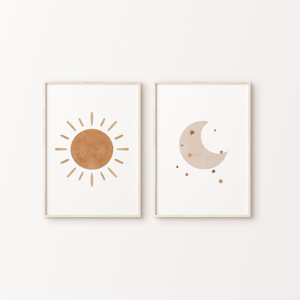 Boho Sun and Moon Print Set of 2 | Gender Neutral Nursery Printable Wall Art | Cozy Baby Room Artwork | Celestial Art Decor Children Poster