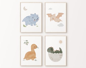Dinosaur Print Set of 4 | Gender Neutral Nursery Decor | Watercolor Printable Wall Art Kids | Boho Cute Dino Poster | Cozy Baby Bedroom