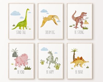 Dinosaur Wall Art Set of 6 | Watercolor Dinosaur | Nursery Poster | Positive Affirmations Quote | Kids Playroom Decor | Digital Download