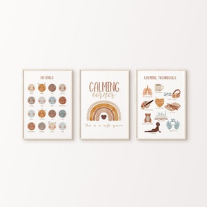 Calming Corner Print Set of 3 | Printable Wall Art | Calm Down Area Sign | Neutral Calming Techniques | Feeling Chart | Classroom Decor