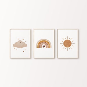 Boho Regenbogen Kinderzimmer Print Set: Neutrale Wolke, Sonne Kunst (digitaler Download)