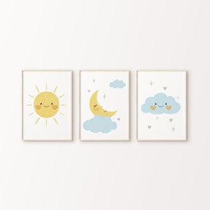 Celestial Art Print Set of 3 | Cloud, Sun, Moon Poster | Pastel Nursery Decor | Printable Wall Art | Soft Baby Room Decor | Digital Download