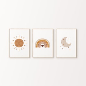 Boho Celestial Art Set of 3 | Rainbow, Sun, Moon Nursery Prints | Printable Wall Art | Cozy Baby Room Decor | Gender Neutral Artwork Toddler