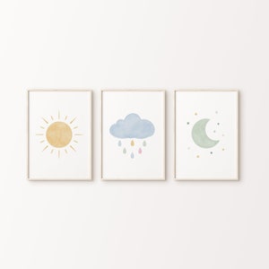 Celestial Art Print Set of 3 | Sun, Moon, Cloud Prints | Pasterl Nursery Decor | Printable Wall Art | Cozy Baby Room Poster | Kids Playroom