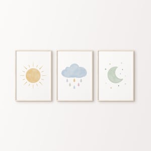 Celestial Art Print Set of 3 | Sun, Moon, Cloud Prints | Pasterl Nursery Decor | Printable Wall Art | Cozy Baby Room Poster | Kids Playroom