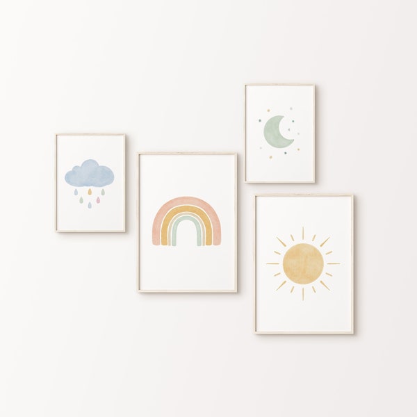 Celestial Art Print Set of 4 |  Rainbow, Cloud, Sun, Moon Artwork | Printable Wall Art | Pastel Tones Nursery Decor | Neutral Nursery Poster