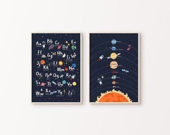 May include: Two educational posters with a space theme. The first poster features the alphabet with a space-themed illustration for each letter. The second poster shows the solar system with the sun, planets, and a rocket.