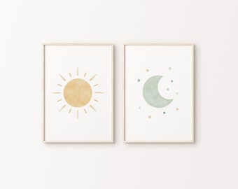 Sun and Moon Print Set of 2 | Nursery Printable Wall Art | Pastel Baby Room Decor | Celestial Art Poster | Kids Playroom | Digital Download