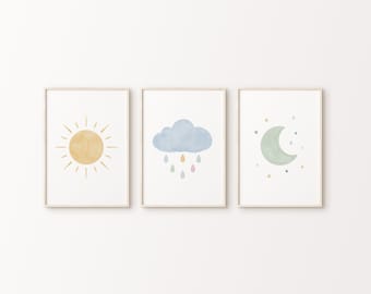 Celestial Art Print Set of 3 | Sun, Moon, Cloud Prints | Pasterl Nursery Decor | Printable Wall Art | Cozy Baby Room Poster | Kids Playroom