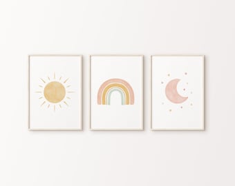 Celestial Art Print Set of 3 | Rainbow, Sun, Moon Wall Art | Digital Download | Pastel Nursery Decor | Cozy Baby Room| Kids Playroom Poster
