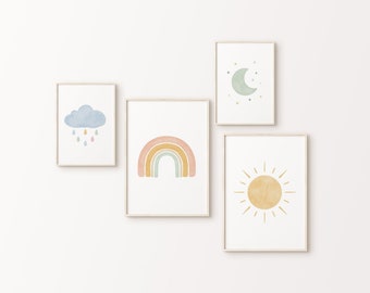 Celestial Art Print Set of 4 |  Rainbow, Cloud, Sun, Moon Artwork | Printable Wall Art | Pastel Tones Nursery Decor | Neutral Nursery Poster