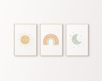 Celestial Art Print Set of 3 | Nursery Room Decor | Printable Wall Art | Soft Rainbow, Sun and Moon Poster | Watercolor Painting for Kids