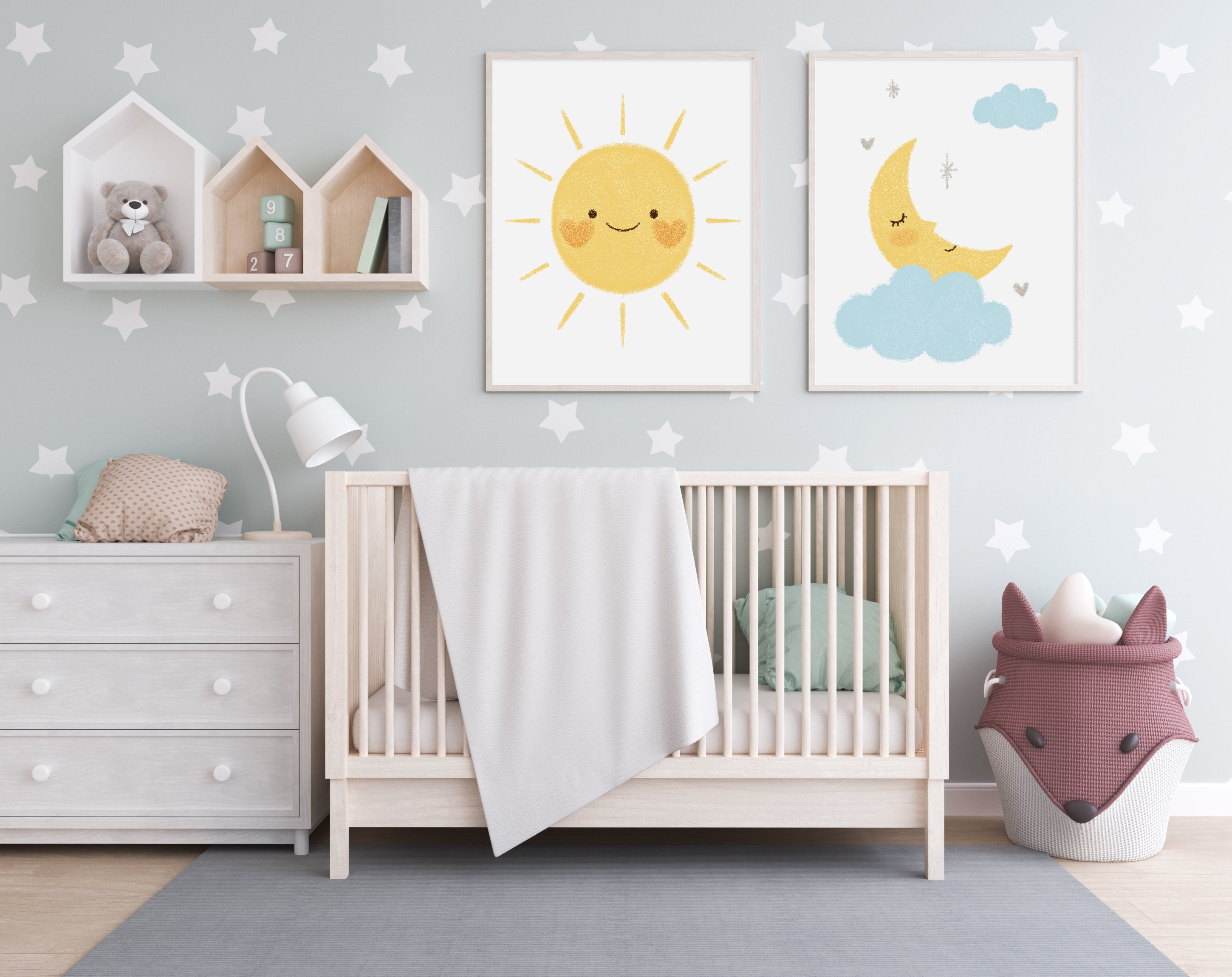 Set of 2 Sun&Moon print Nursery Wall Art Kids Room Decor Etsy