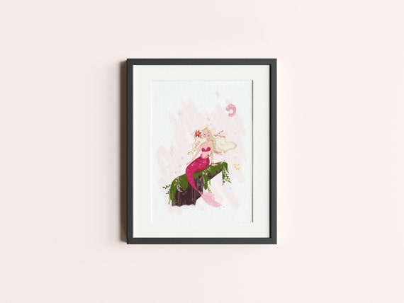 Pink Mermaid Art Print Nursery Printable Wall Art Girls Room | Etsy