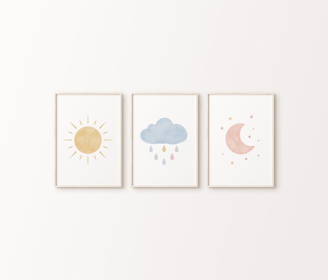 Celestial Art Print Set of 3 | Cloud, Sun, Moon Poster | Pastel Nursery ...