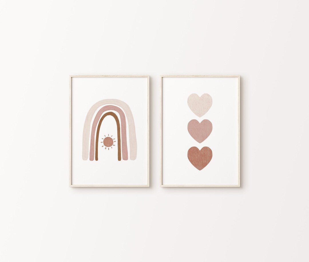 Boho Nursery Wall Art Set of 2 Rainbow, Heart Prints Cozy Baby Room ...